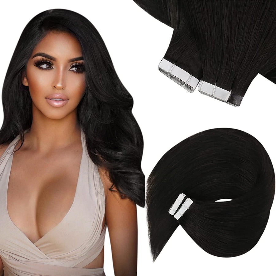 Sunny Tape in Hair Extensions Natural Black PU Tape in Human Hair Extensions Straight #1B Natural Black Glue in Human Hair Extensions Natural Black 50g 20pcs 14inch