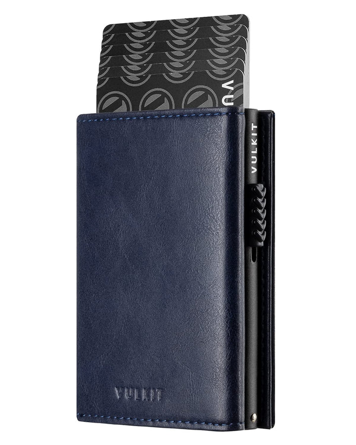 Card Holder Wallet with Coin Pocket Magnetic Closure Pop Up Cards With ID Window Leather Wallet for Cash &amp; Credit Cards, Navy