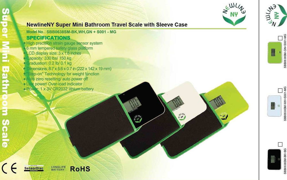 NewlineNY Step On Super Mini Travel Bathroom Scale with Trip Protection Sleeve: SBB0638SM-GN (Green) + NY-SMS-S001-BG
