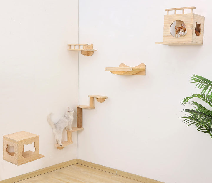 Cat Shelves and Perches Wall Mounted Indoor Cats Furniture Solid Wood Cat Wall House Set for Activity Climbers 5pcs/Set
