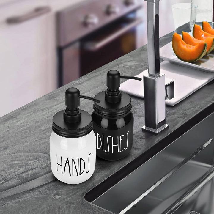 Kitchen Soap Dispenser Set - Hand and Dish Soap Dispenser for Kitchen Sink - Mason Jar Soap Dispenser Glass - Farmhouse Kitchen Decor (Black/White)