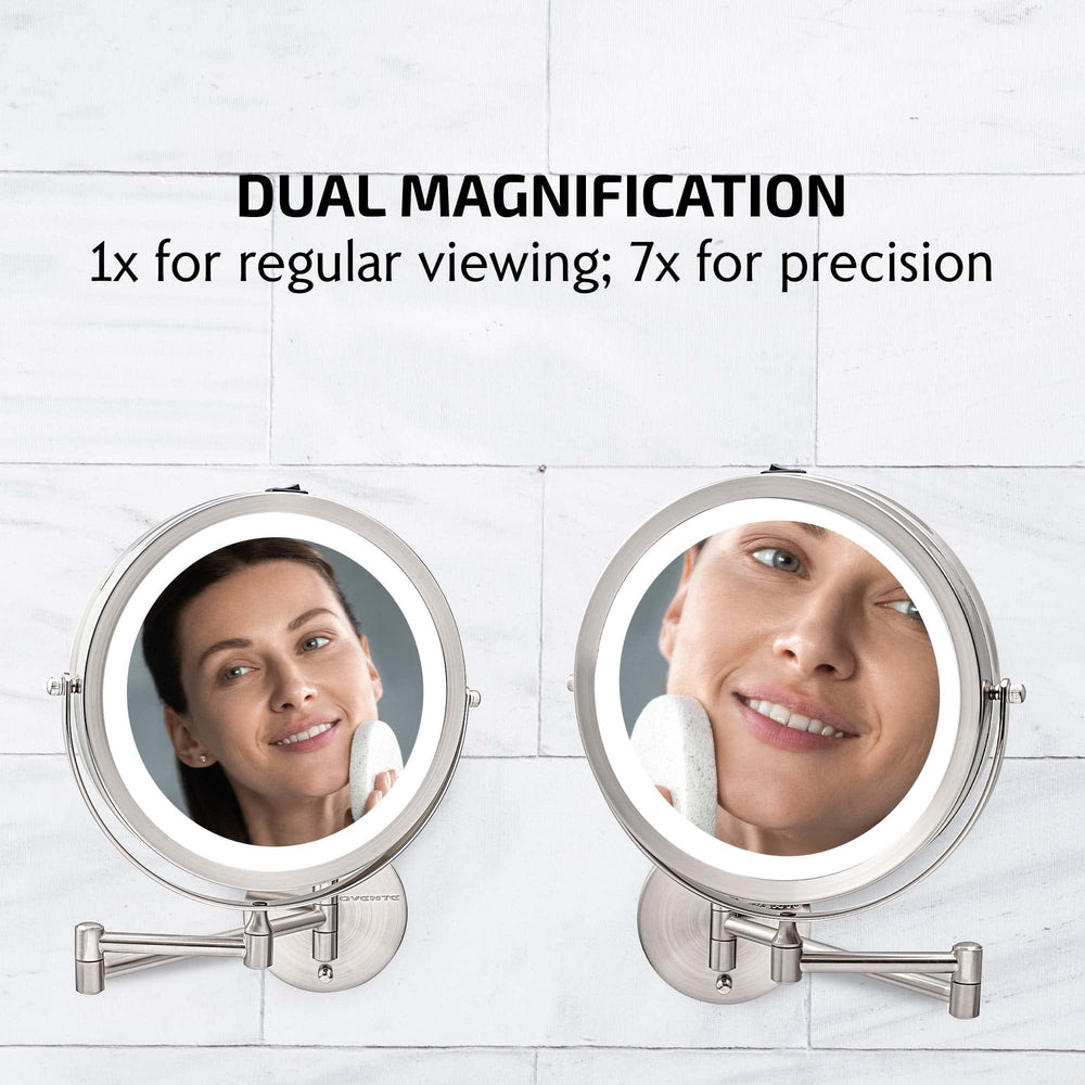 9 Lighted Wall Mount Makeup Mirror with 1X/7X Magnification, Cordless Double Sided Magnifying Round Vanity Mirror, 360° Swivel Design, Extendable and Folding Arm, Nickel Brushed MFW85BR1X7X
