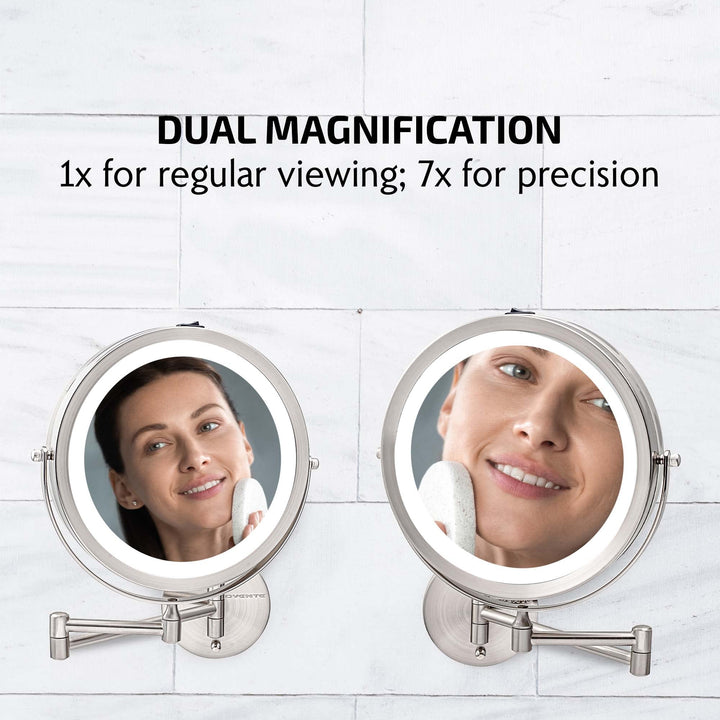 9 Lighted Wall Mount Makeup Mirror with 1X/7X Magnification, Cordless Double Sided Magnifying Round Vanity Mirror, 360° Swivel Design, Extendable and Folding Arm, Nickel Brushed MFW85BR1X7X