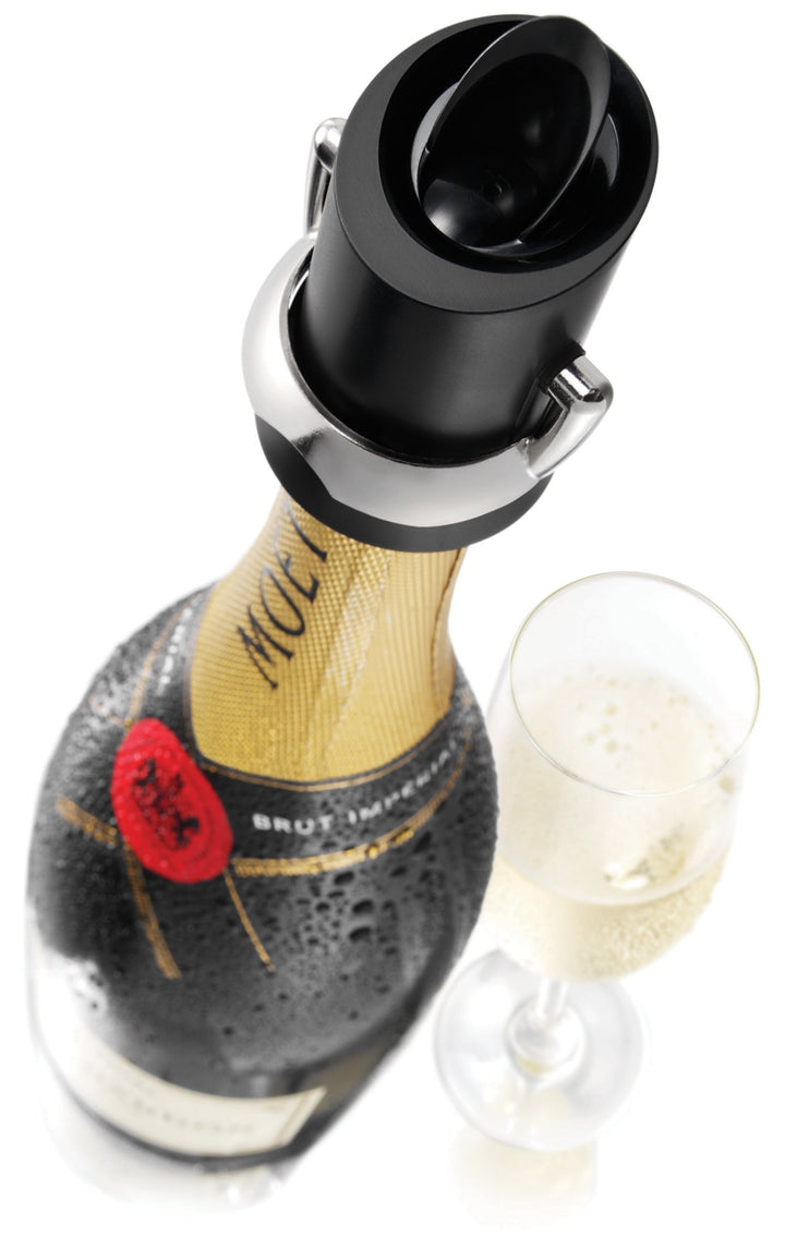 Champagne Stopper &amp; Server - Black - 2-in-1 Stopper and Pourer - Preserve Bubbles for Up to a Week with Airtight Seal - Premium Champagne Bottle Stopper &amp; Non-Drip Pouring