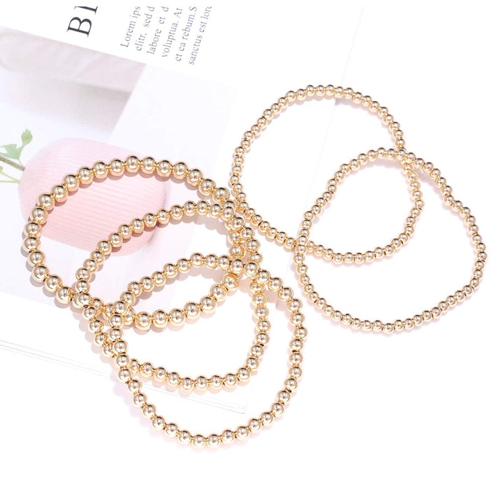 Gold Beaded Bracelet Set for Women Stack 14 K real Gold Plated Ball Bracelets Elastic String Bracelet 4 mm 5 mm 6mm Small Beads Friendship Bracelet for Men (gold)