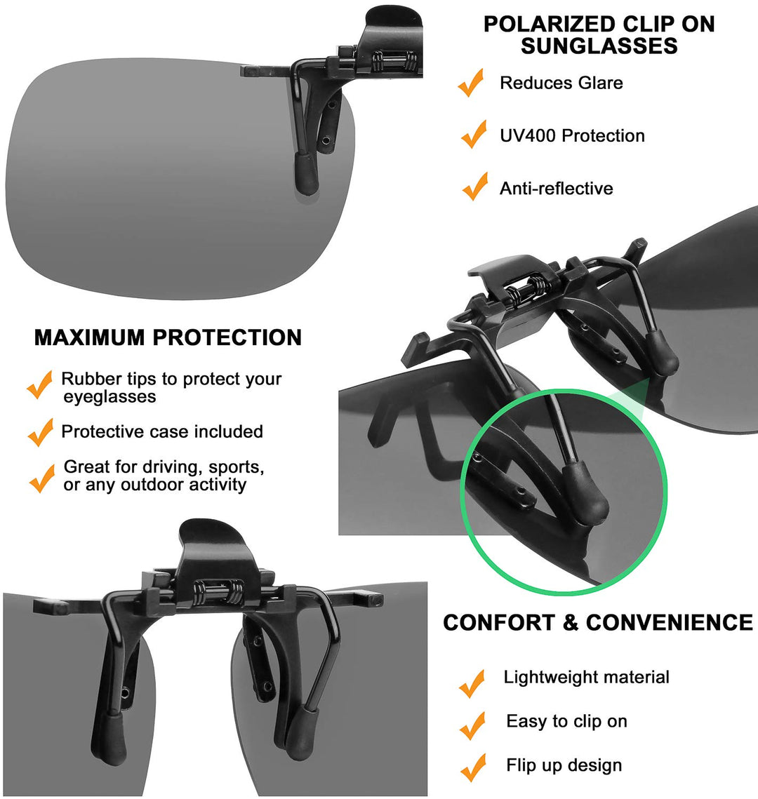 Clip On Sunglasses Flip Up Polarized Sunglasses Clip onto Eyeglasses Over Prescription Glasses Case Included set of 2
