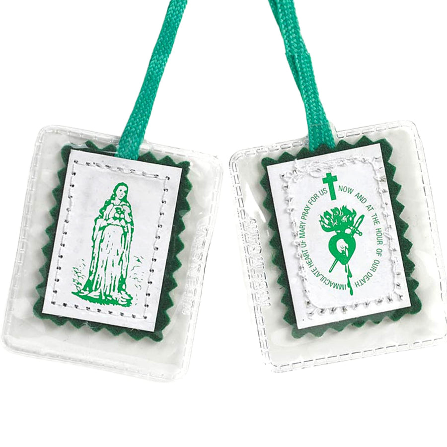 Immaculate Heart of Mary Green Laminated Scapular, 18 1/2 Inch