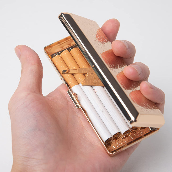Metal Carry Cigarette Case, Double Sided Spring Clip,Holds 10 100mm Cigarettes (Vines Gold)