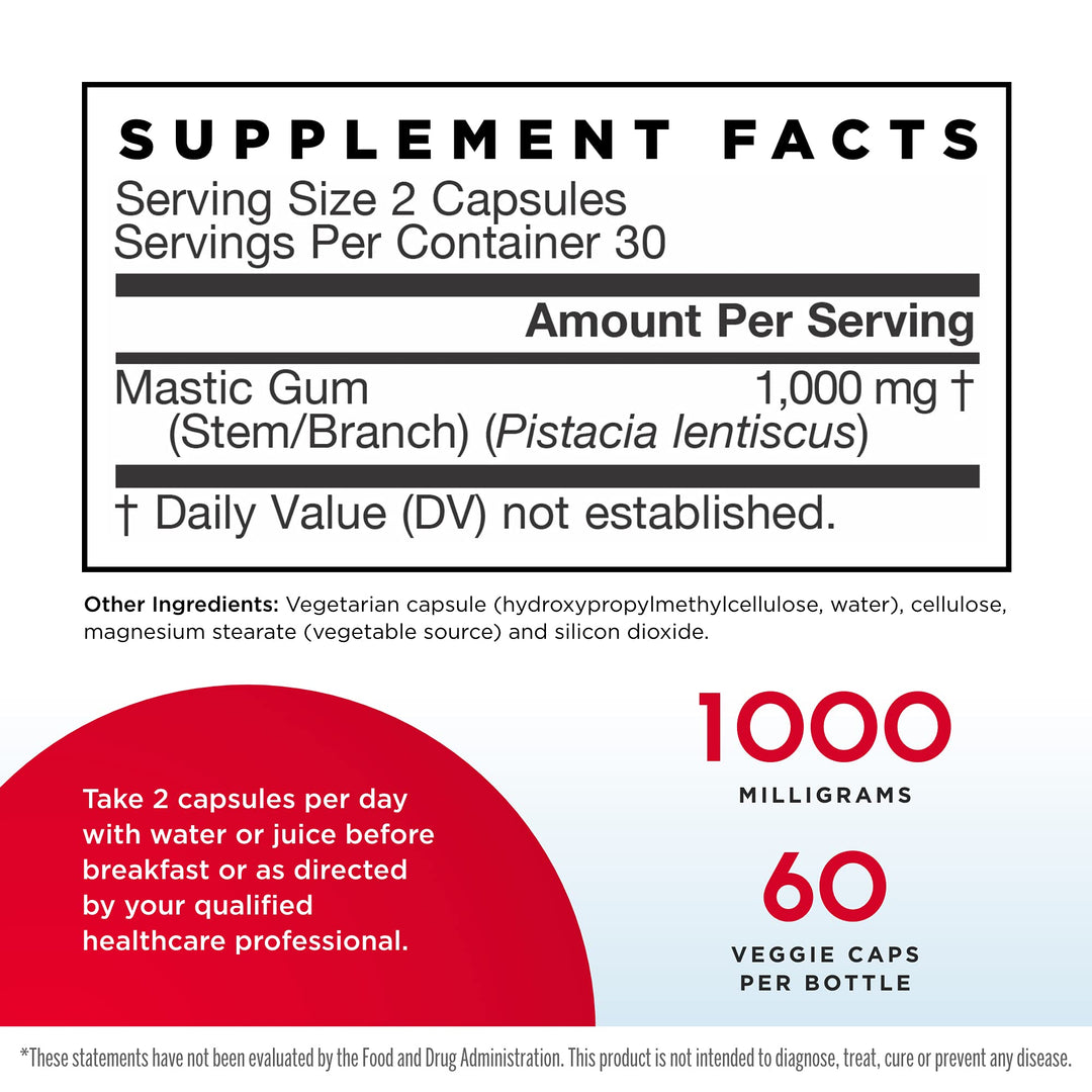Mastic Gum 1000 mg - 60 Veggie Caps, Pack of 2 - Natural Formula Supporting Stomach, Duodenal &amp; Oral Health - 60 Total Servings