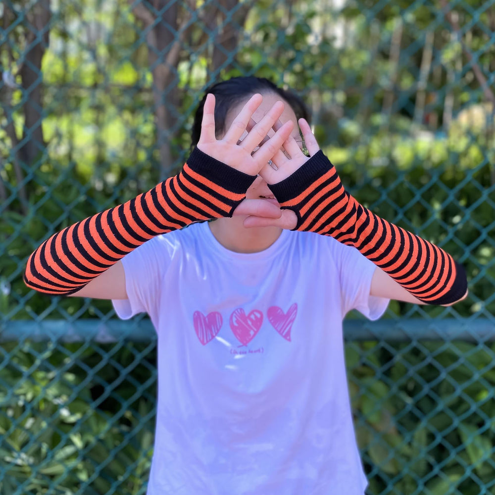 6 Packs Striped Winter Arm Warmers, Knitted Long Fingerless Gloves For Punk Rock/Cosplay/Goth/Christmas Party WM-S-G2 (6 Pairs Gray, Black, Orange,Pink,Rose,Red - Striped)