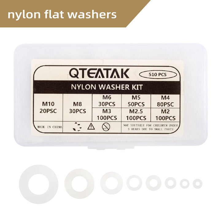QTEATAK 510 Pcs White Nylon Flat Washer Assortment Kit 