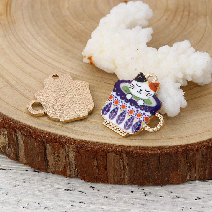 10pc Plated Gold Alloy Cup Multicolor Cat Enamel Charms Pendants 23x23mm (7/8 x 7/8)