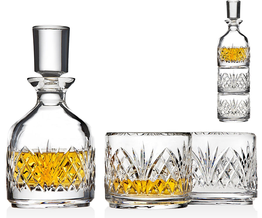 Stackable Whiskey Decanter and Whisky Glasses Dublin 3 pc set, for Liquor Scotch Bourbon or Wine