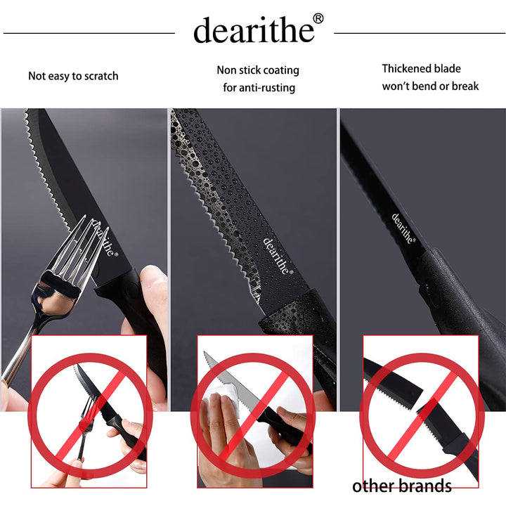 Steak knives set of 6, Black Serrated Stainless Steel Sharp Blade Flatware Steak Knife Set, 4.5 Inches,Non stick coating for Anti-rusting, for Restaurant Tableware Kitchen Camping