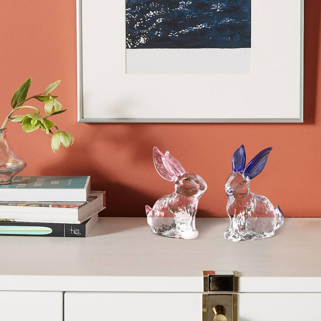 2Pcs Easter Bunny Figurines, Crystal Rabbit Statue Blown Glass Animal Collectibles for Easter Decor, Home Office Desktop Art Ornament