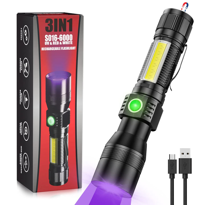 UV Flashlight Rechargeable,3 in1 Super Bright Tactical Flashlight LED UV Black Light&amp;Redlight,1200Lumen 7Modes, Zoomable, Waterproof for Pet Clothing Detection/Emergency/Camping,2 Pack