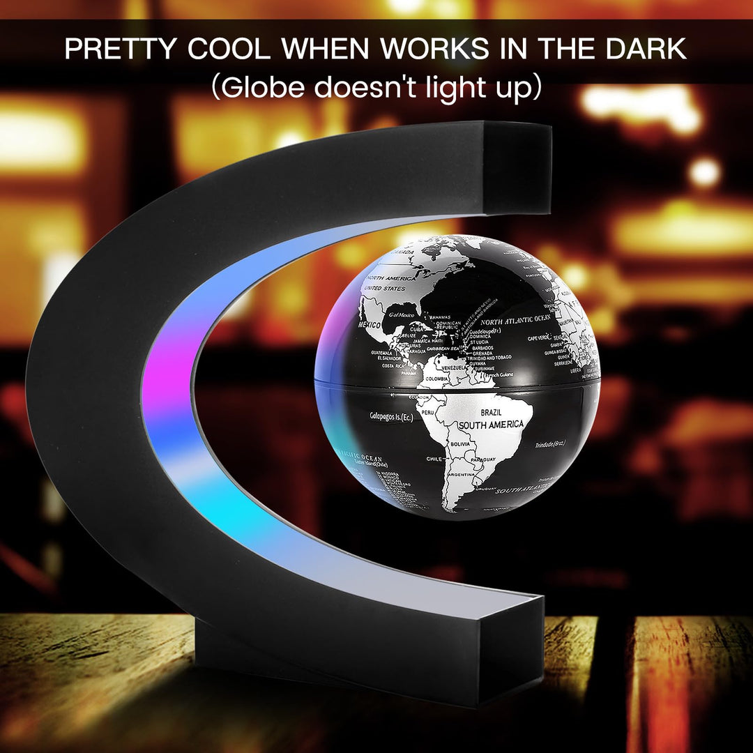 Magnetic Levitation Floating World Map Globe with C Shape Base, Floating Globe with LED Lights, Great Fathers Students Teacher Business Boyfriend Birthday Gift for Desk Decoration (Black)