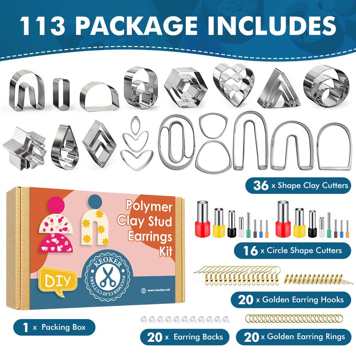 keoker Polymer Clay Cutters Set, 36 Shapes Stainless Steel Clay Cutters with 16 Circle Shape Cutters and 60 Earrings Accessories, Clay Earing Cutters for Polymer Clay Jewelry Making