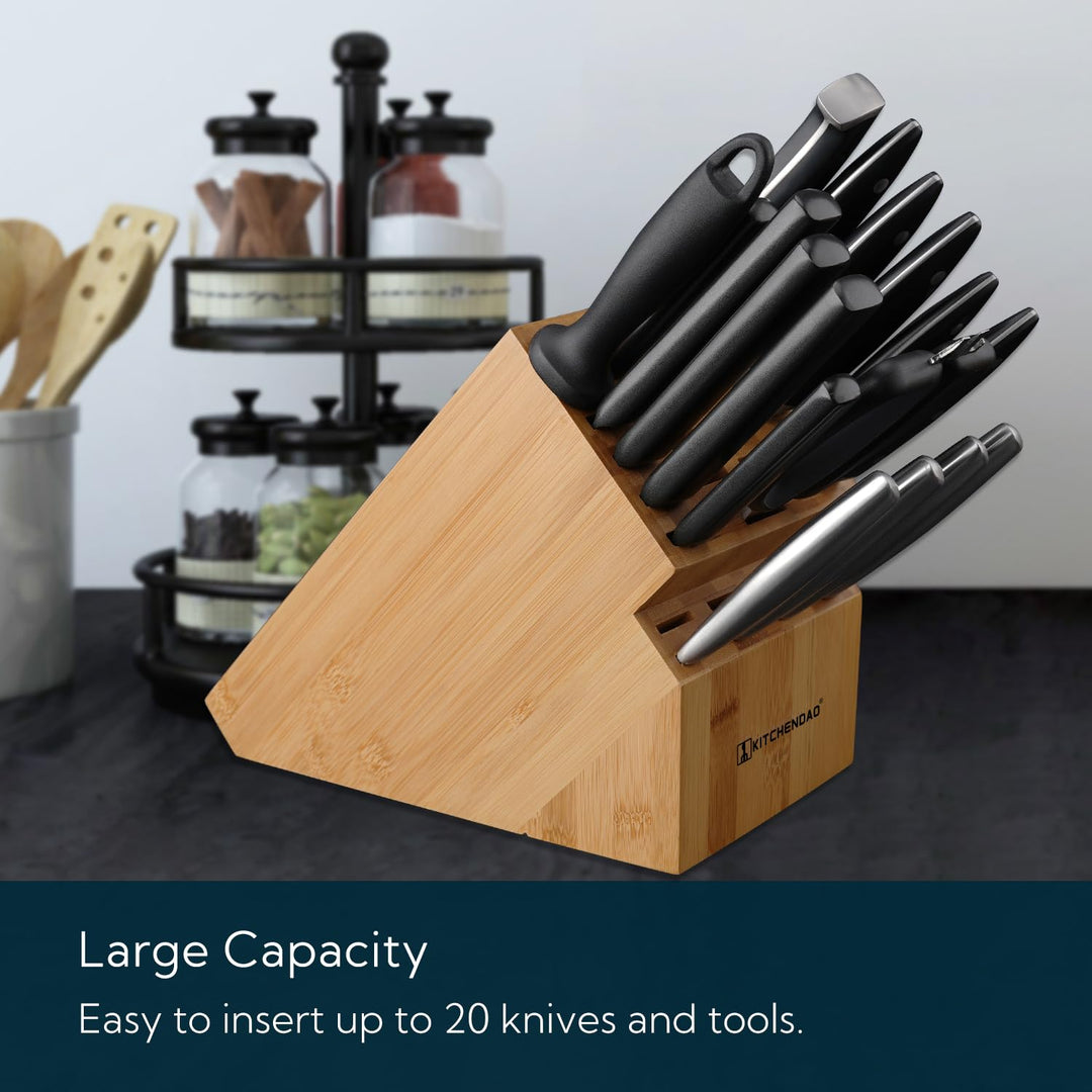 Deluxe 20 Slot Bamboo Knife Block Holder without Knives, Countertop Butcher Block Kitchen Knife Stand, Hold Multiple Large Blade Knives, Wider Slots for Easier Storage
