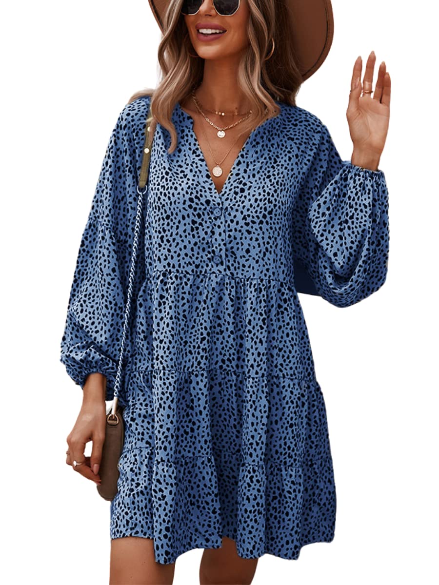 Womens Cute Spring Summer Casual Beach Dress Sexy Deep V Neck Long Sleeve Stylish Leopard Print Empire Waist Flowy Midi Long Skater Dresses for Women Blue Large