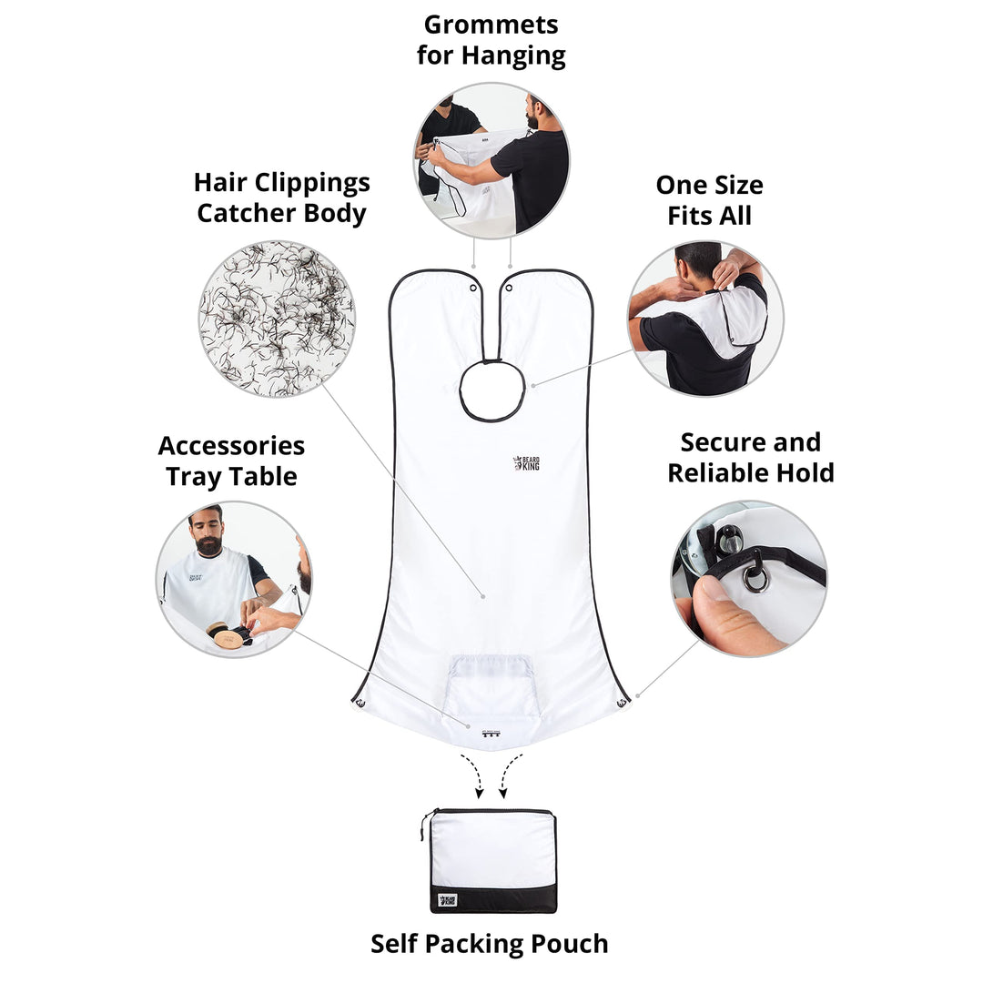Beard King Beard Bib Apron - Shaving Set for Dad - As Seen on Shark Tank - Men&#39;s Hair Catcher for Shaving - Grooming Accessories - Packing Pouch, White