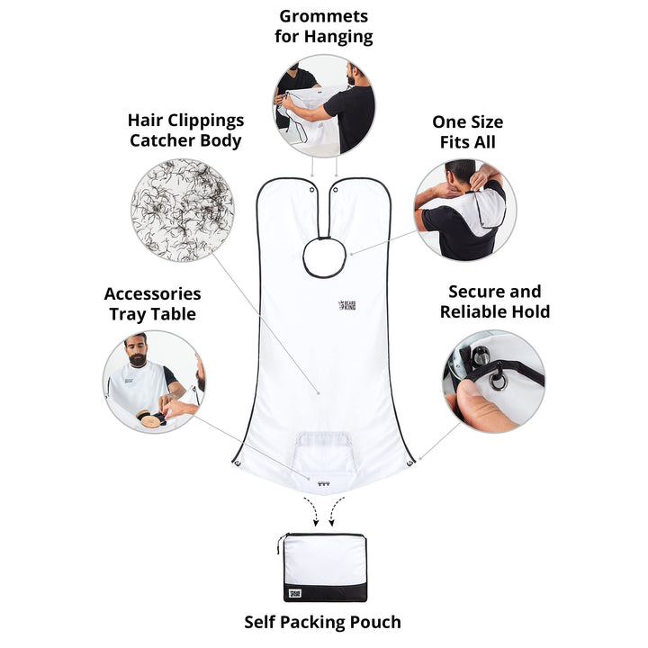 Beard King Beard Bib Apron - Shaving Set for Dad - As Seen on Shark Tank - Men&#39;s Hair Catcher for Shaving - Grooming Accessories - Packing Pouch, White