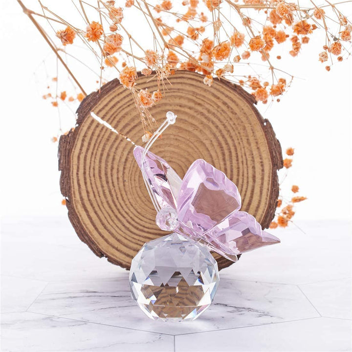 H&amp;D HYALINE &amp; DORA Pink Crystal Flying Butterfly with Crystal Ball Base Figurine Collection Cut Glass Ornament Statue Animal Collectible
