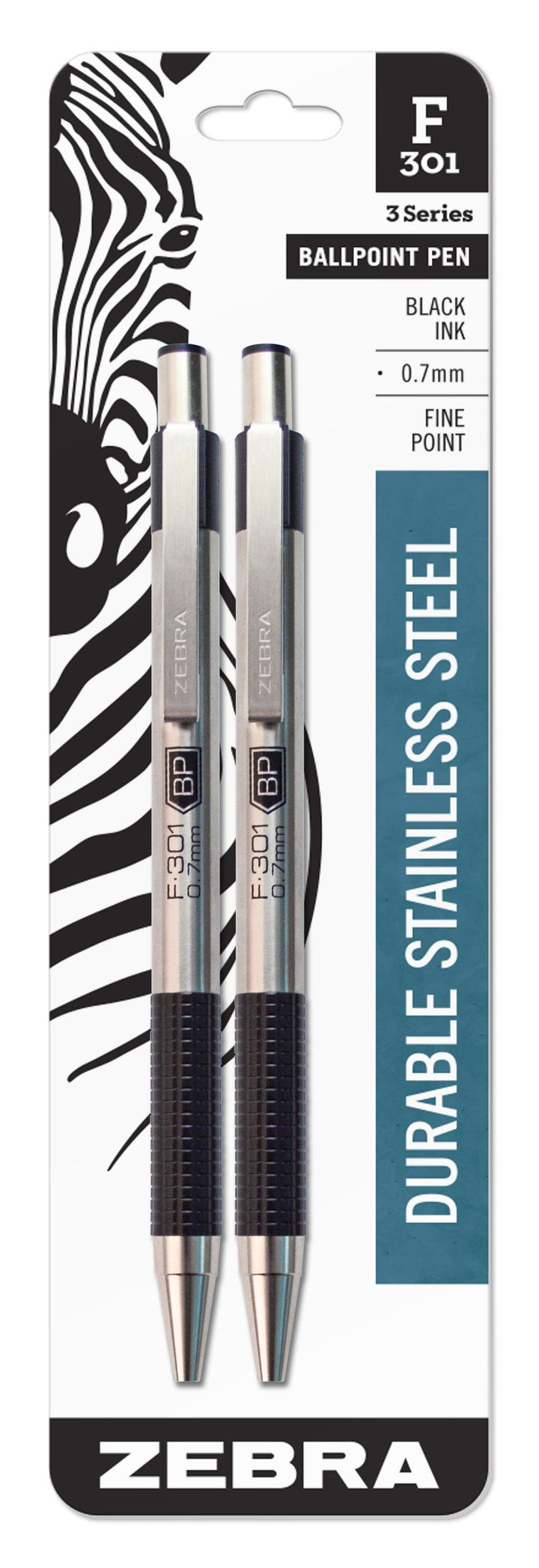 Zebra® F-301 Stainless Steel Retractable Ballpoint Pens, Fine Point, 0.7 mm, Black Ink, Pack Of 2