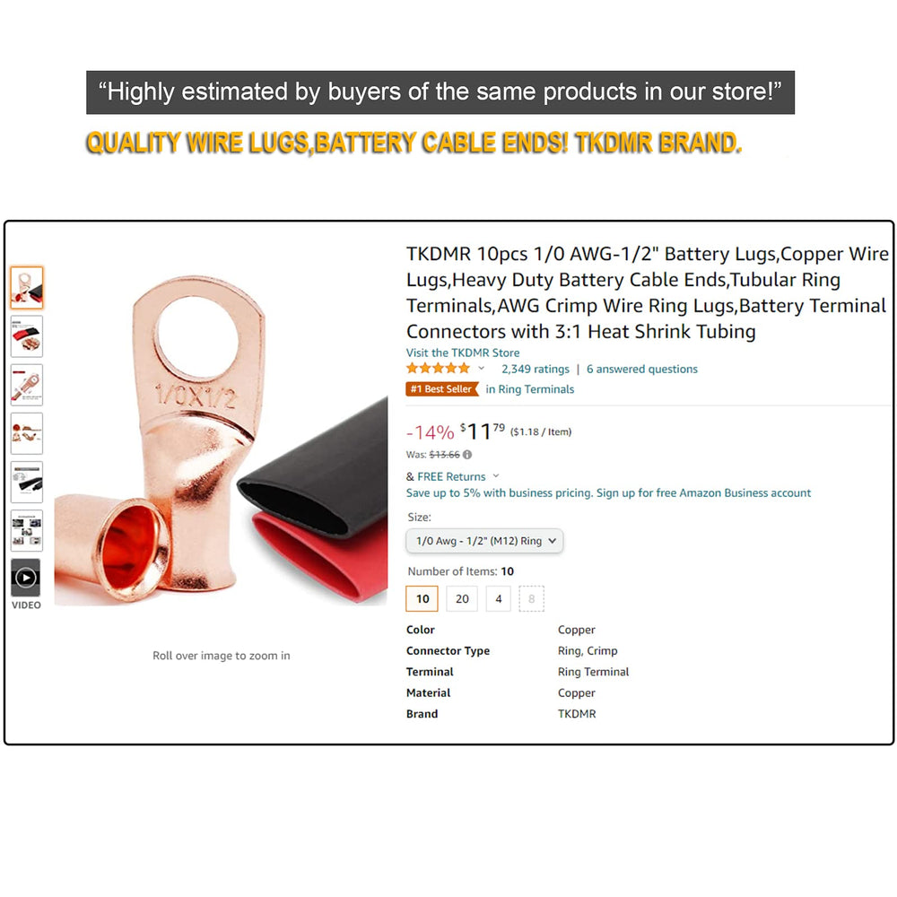 10pcs 4 Awg-1/2 Ring Marine Grade Copper Wire Lugs,with 3:1 Heat Shrink Tubing,UL Battery Cable Ends,Heavy Duty Cable Lugs,Tinned Copper Eyelets,Tubular Ring Terminals