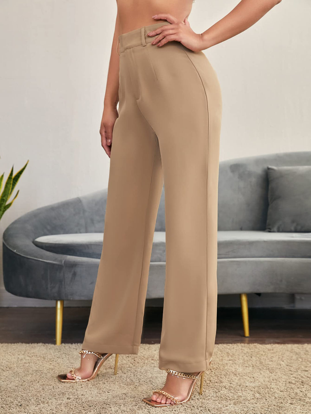 Women&#39;s Elegant High Waist Solid Long Pants Office Trousers Khaki S