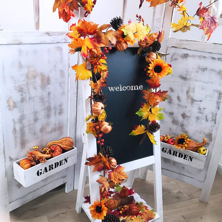 Fake Fall Maple Leaf Garland Hanging Vine- 6 Feet - Artificial Berries Sunflower Pumpkin Autumn Decoration for Wedding Party Thanksgiving Dinner Fireplace Door Frame Doorway Backdrop Decor