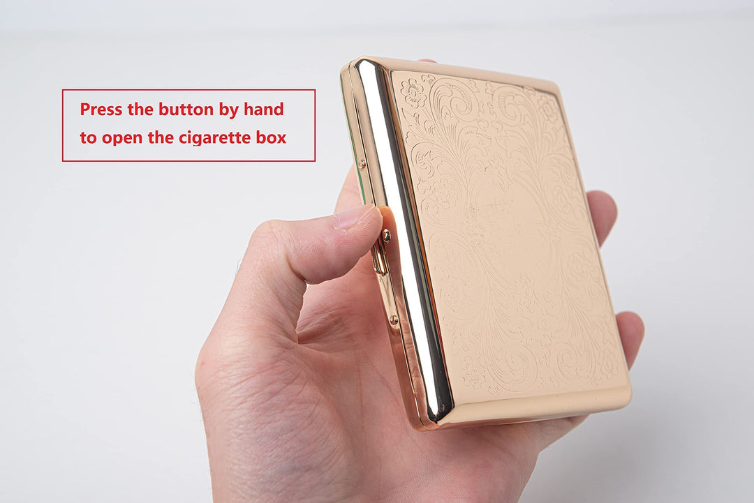 Metal Cigarette Case - Women and Men, Portable Double Sided Spring Clip Cigarette Case, Holds 20 Regular Size Cigarettes, Fits 100mm Cigarettes (Pattern Gold)