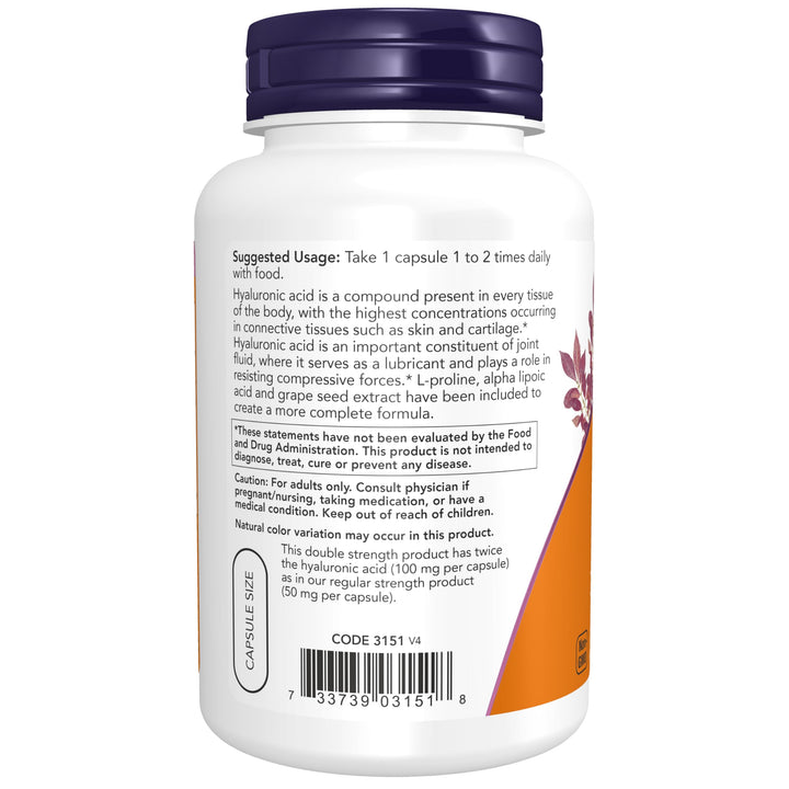 Supplements, Hyaluronic Acid 100 mg, Double Strength with L-Proline, Alpha Lipoic Acid and Grape Seed Extract, 120 Veg Capsules