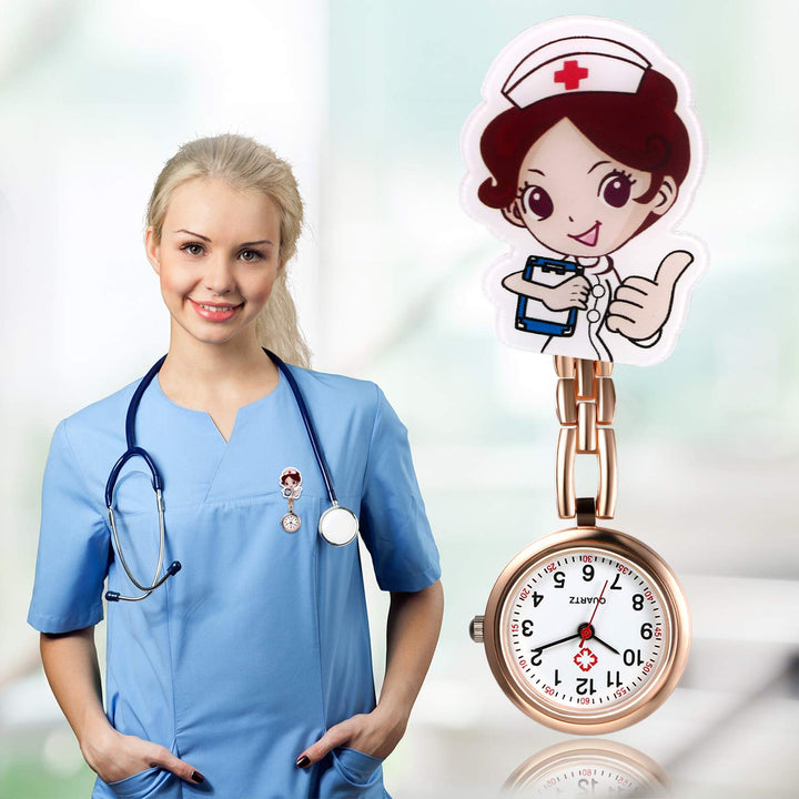 Nurse Watches Cute Cartoon Design Clip-on Fob Watches Analog Quartz Lapel Watches Brooch Hanging Nursing Watches for Women (5 Pcs) (rosegold)