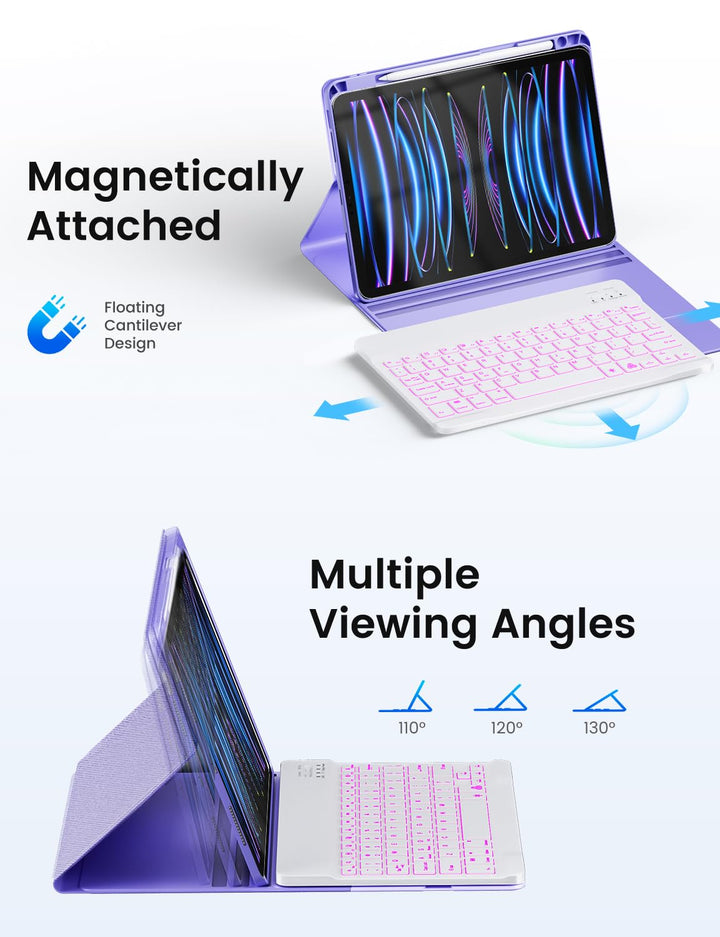 Keyboard Case for iPad Air 11 inch (M2 2024)/10.9 inch Air 5th/4th Gen/iPad Pro 11 1st/2nd/3rd Gen - 7-Color Backlit Detachable Keyboard, Folio Cover with Pencil Holder - Purple