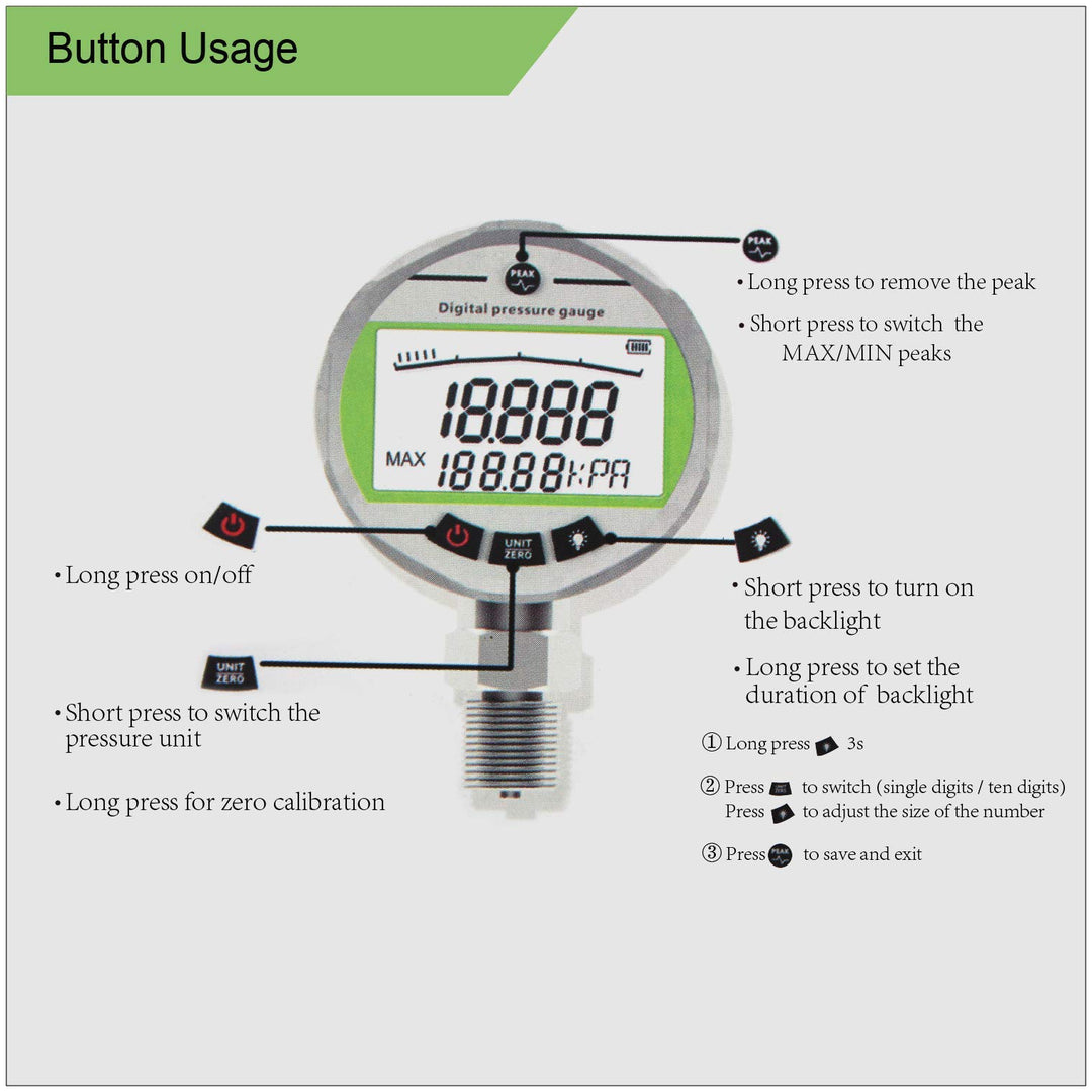 25MPA/3600PSI Digital Pressure Gauge with NPT1/4 G1/2 M10*1 Interface 1% FS Accuracy Hydraulic Gas/Water/Oil Pressure Gauge