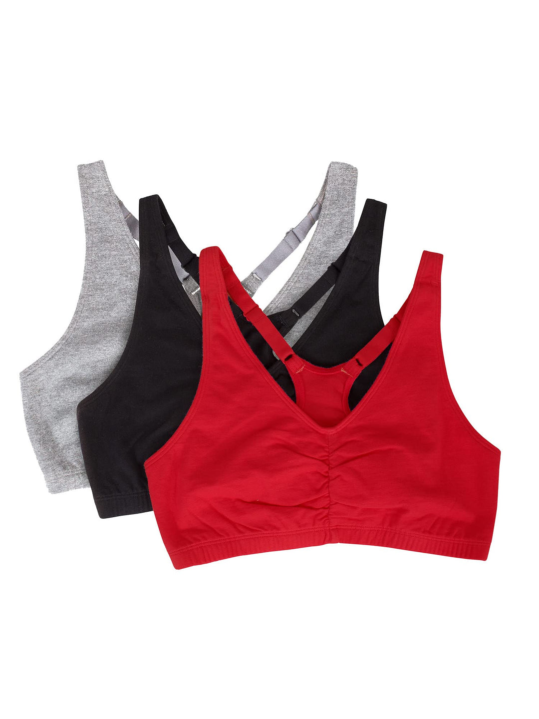 Women&#39;s Adjustable Shirred Front Racerback Sports Bra Multi Packs, Red Hot/Black/Heather Grey, 32