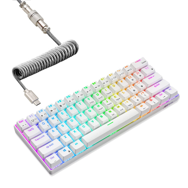 RK61 60% Mechanical Keyboard with Coiled Cable, 2.4Ghz/Bluetooth/Wired, Wireless Bluetooth Mini Keyboard 61 Keys, RGB Hot Swappable Red Switch Gaming Keyboard with Software - White