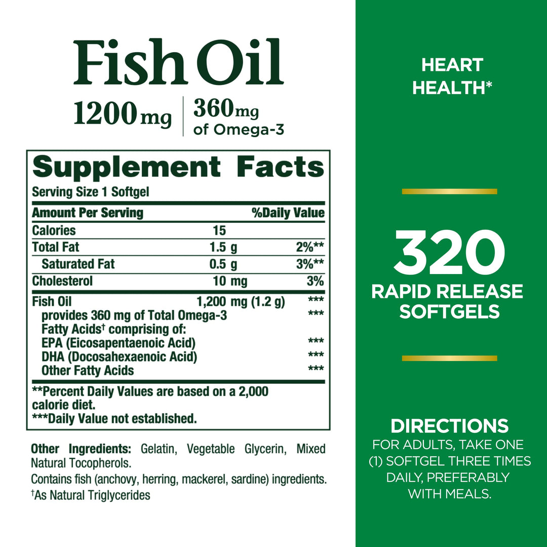 Nature&#39;s Bounty Fish Oil, Dietary Supplement, Omega 3, Supports Heart Health, 1200mg, Rapid Release Softgels, 320 Ct