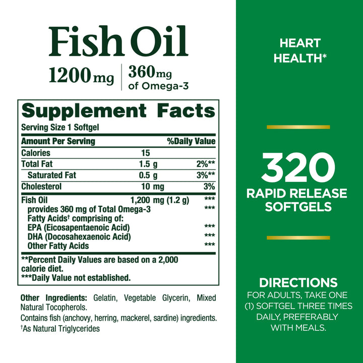 Nature&#39;s Bounty Fish Oil, Dietary Supplement, Omega 3, Supports Heart Health, 1200mg, Rapid Release Softgels, 320 Ct