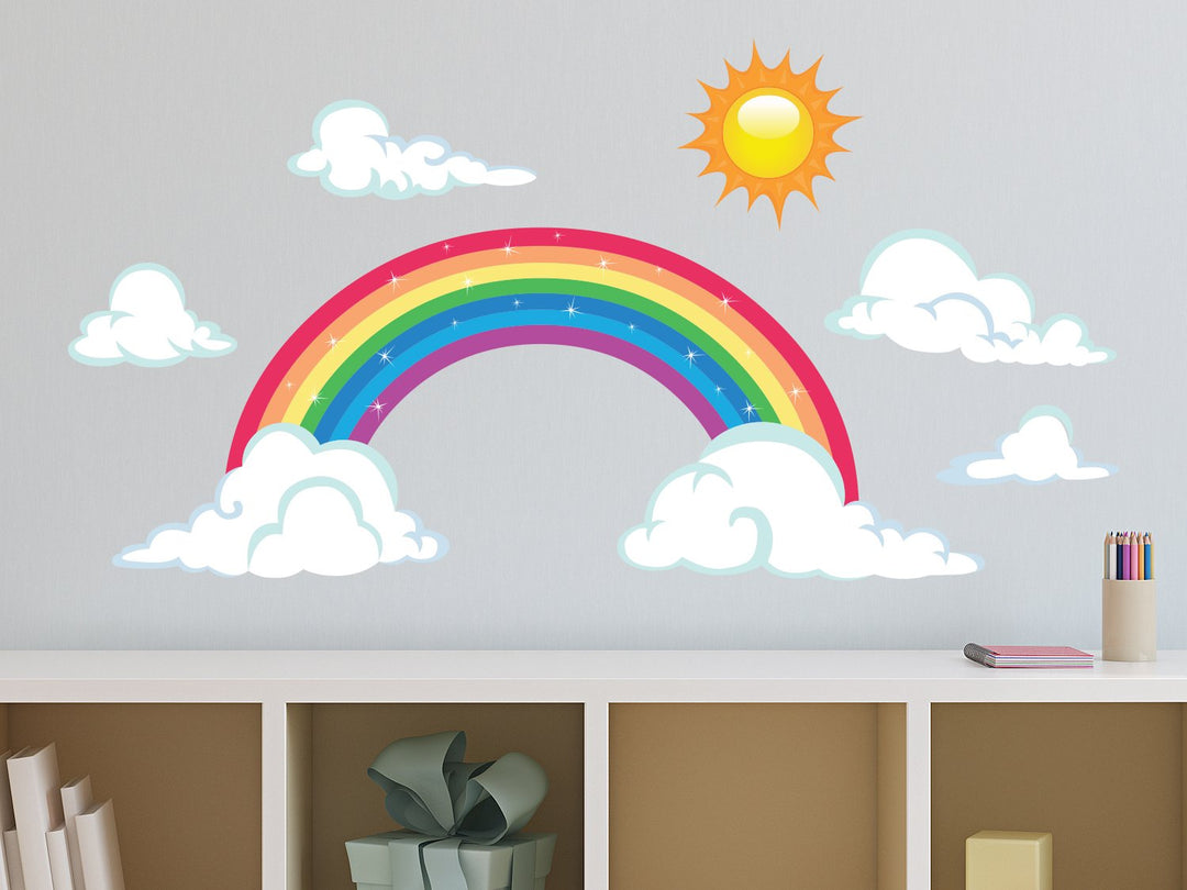Sparkling Rainbow with Clouds Wall Decal - Removable Fabric Kids Wall Sticker, Large