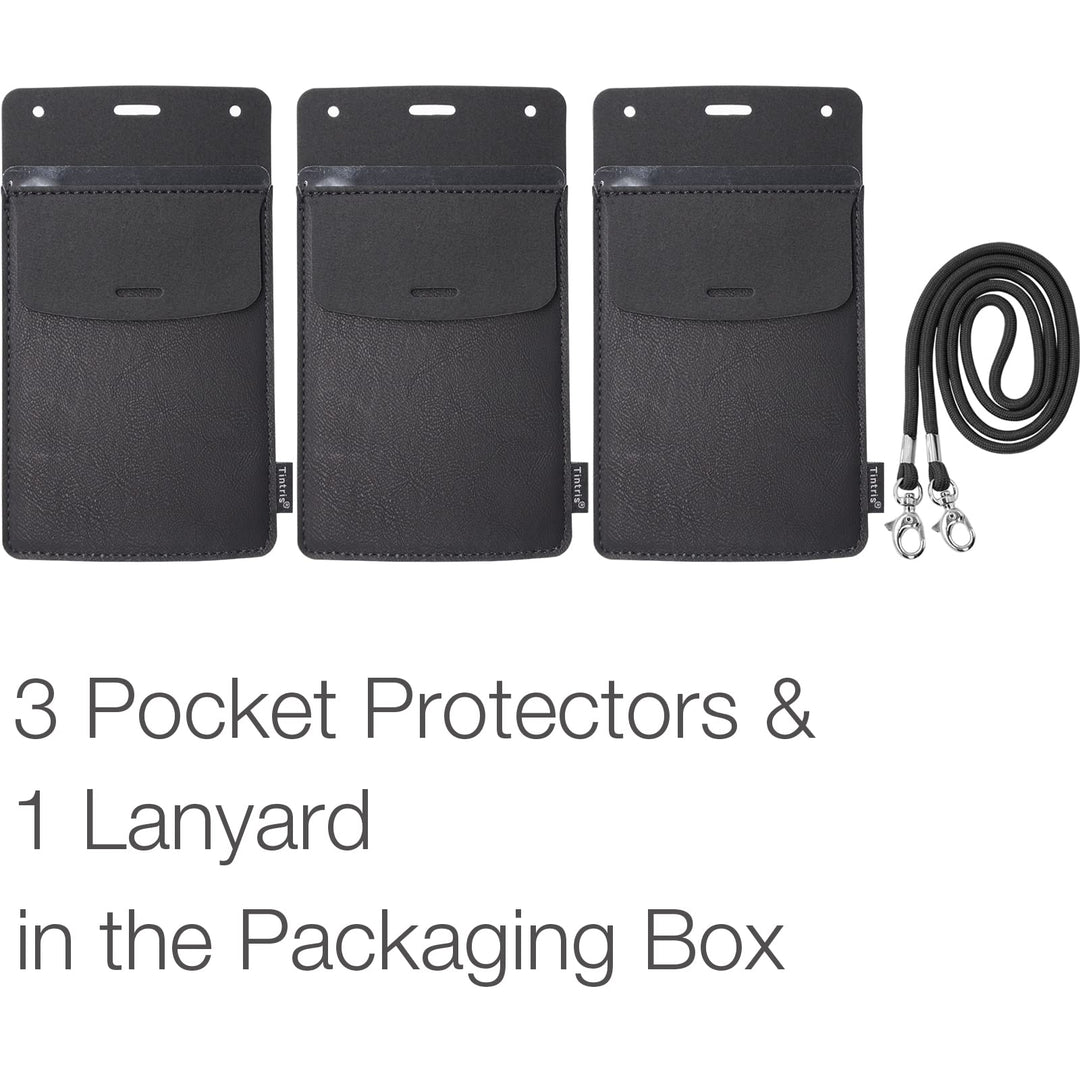 Pocket Protector, 3 Pack Leather Pen Pencil Holder Pouch Organizer for Men Pocket Shirt Lab Coat Small Tools, Designed with a Lanyard &amp; an Extra Back Pocket, Thick PU Leather, Black