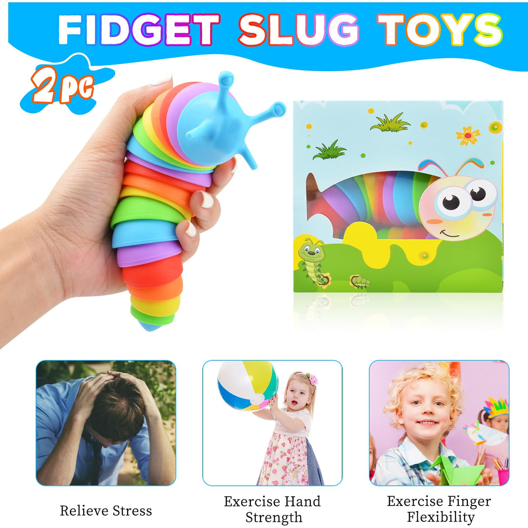 Fidget Slug Toy, Sensory Slug Fidget Toy for Kids &amp; Adults, 2 PCS Cute 3D Articulated Sensory Toys - Can Be Spliced, Safe|Exercise Wrist Strength &amp; Stress Relief, Great Gift for ADHD Autism B