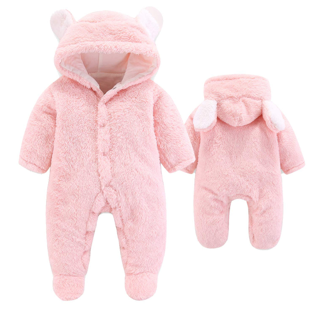 Newborn Baby Cartoon Bear Snowsuit Warm Fleece Hooded Romper Jumpsuit (Pink,3-6 Month)