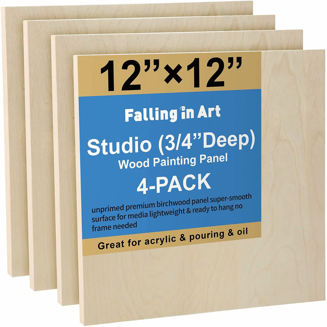 Unfinished Birch Wood Canvas Panels Kit, 4 Pack of 12x12’’ Studio 3/4’’ Deep Cradle Boards for Pouring Art, Crafts, Painting and More