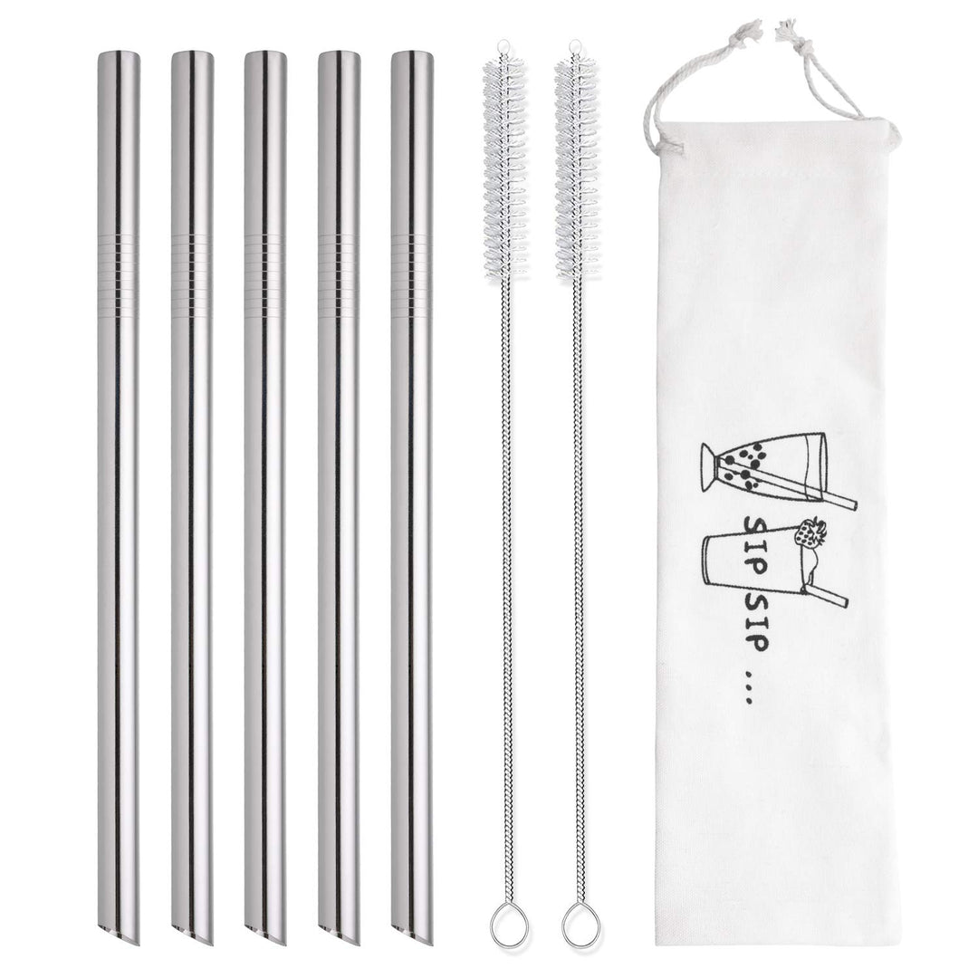 [Angled Tips] 5 Pcs 10 Reusable Bubble Tea Straws & Smoothie Straws, 0.5 Wide Stainless Steel Straws, Metal Straws for Bubble Tea/Tapioca Pearl, Milkshakes, Jumbo Drinks | 2 Cleaning Brushes