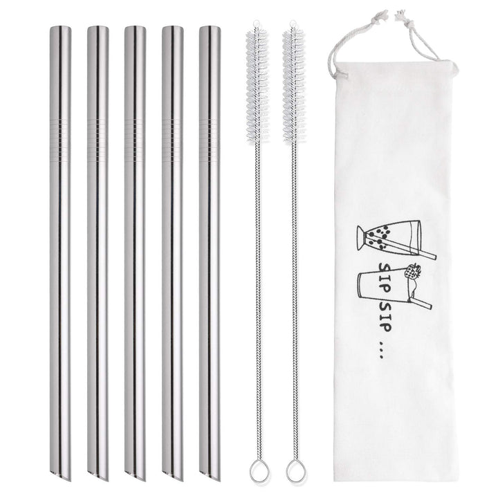 [Angled Tips] 5 Pcs 10 Reusable Bubble Tea Straws & Smoothie Straws, 0.5 Wide Stainless Steel Straws, Metal Straws for Bubble Tea/Tapioca Pearl, Milkshakes, Jumbo Drinks | 2 Cleaning Brushes