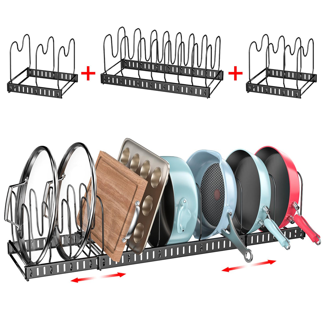 15 Adjustable Dividers Pot and Pan Organizer Rack, 7D x 32W x 7.1H, 3 in 1, Expandable Lid Bakeware Cupboard Rack Holder for Kitchen Cabinet Pantry Countertop, Black (Patent Pending)