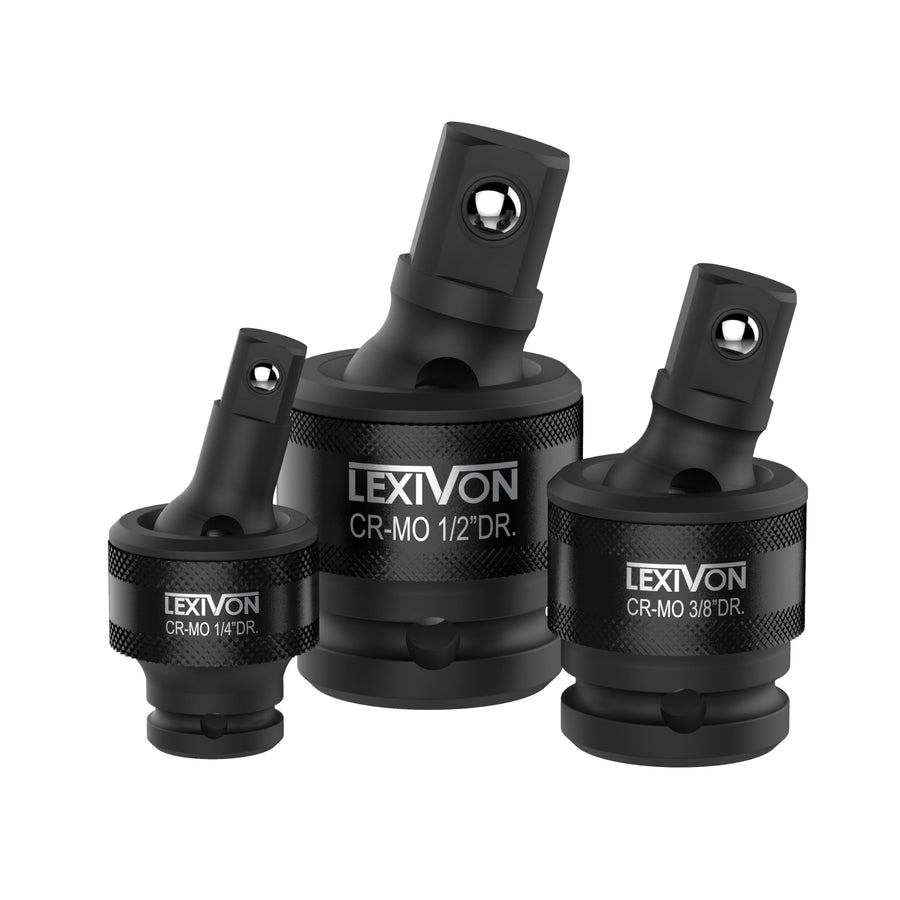 Premium Impact Universal Joint Socket Swivel Set | 3-Piece Ball Spring Design 1/2, 3/8, and 1/4 U-Joint Drive | Cr-Mo Steel - Full Impact Grade (LX-113)