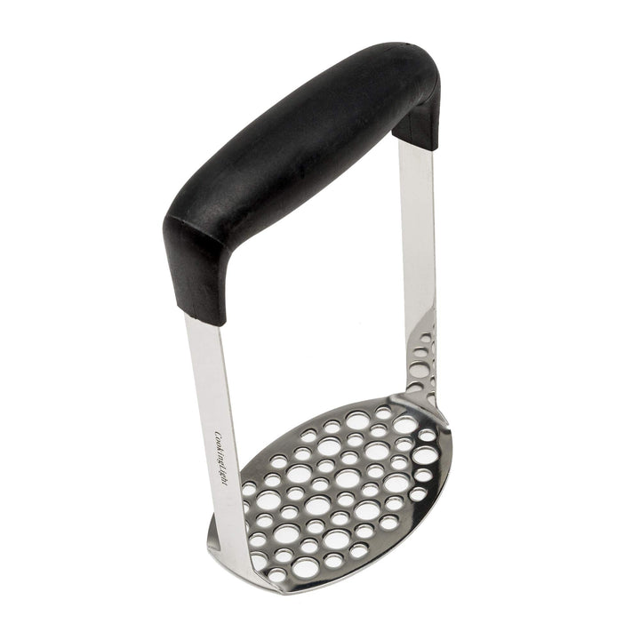 Heavy Duty Stainless Steel Masher, Broad and Ergonomic Horizontal, Fine Plate for Smooth Mashed Potatoes, Soft Grip and Non-Slip Handle, Black